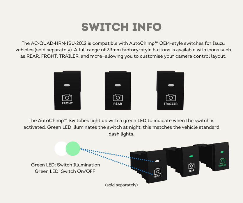 AutoChimp™ OEM Camera Switch for Isuzu D-MAX & MU-X (2012–2024) | SKU: AC-SW-ISUZU | Switch Info