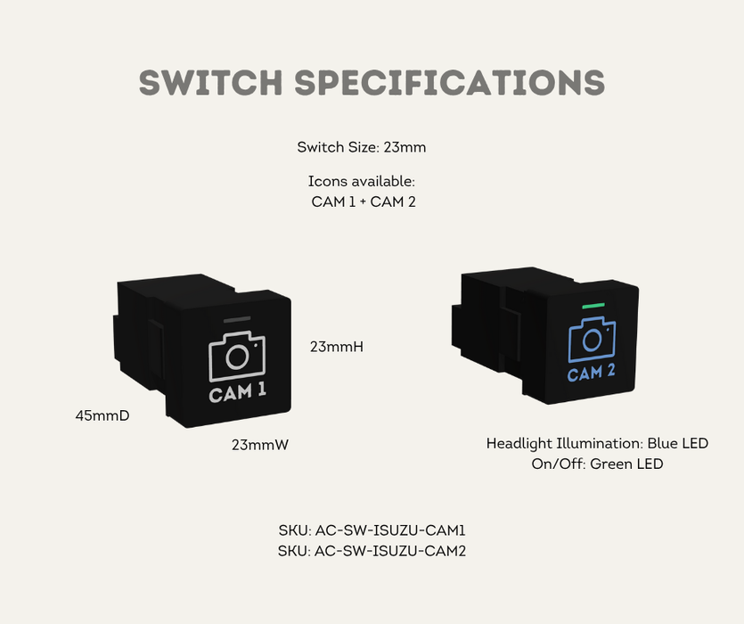AutoChimp™ OEM Camera Switch for Isuzu D-MAX & MU-X (2012–2024) | SKU: AC-SW-ISUZU | Switch Specifications & Dimensions 23mm