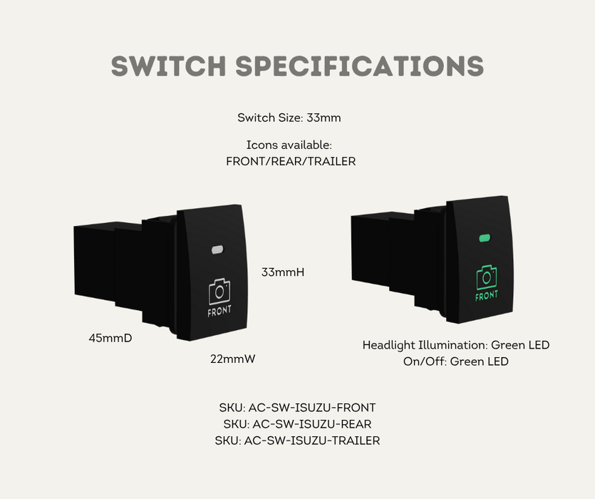 AutoChimp™ OEM Camera Switch for Isuzu D-MAX & MU-X (2012–2024) | SKU: AC-SW-ISUZU | Switch Specifications & Dimensions 33mm