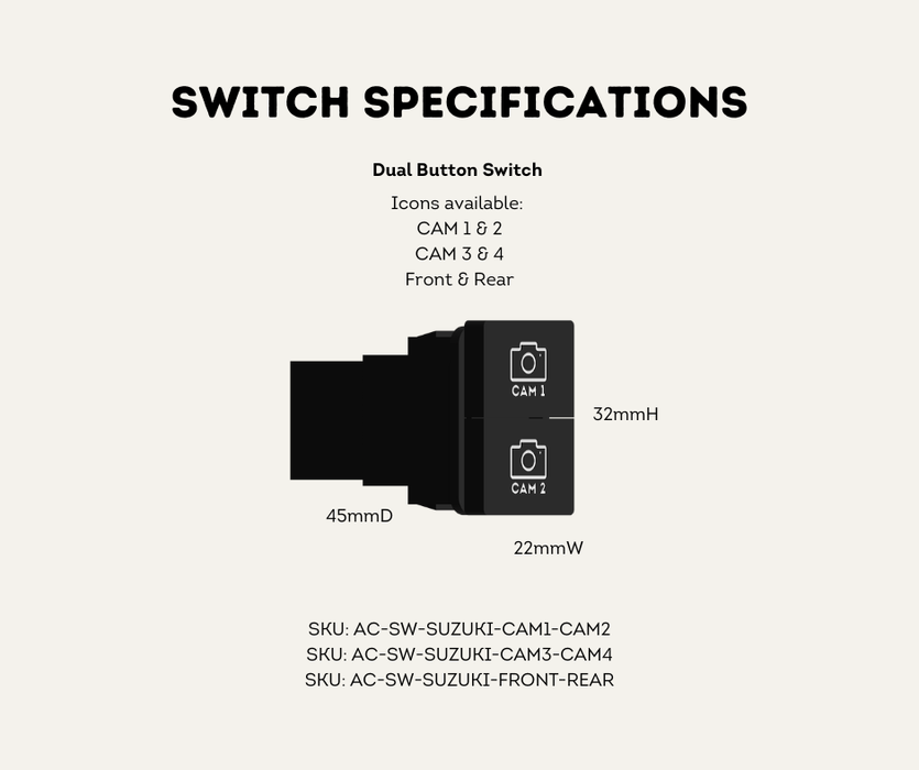 AutoChimp™ OEM Camera Switch for Suzuki Jimny / Jimny XL (2025-Onwards) | 32mm Factory Style | SKU: AC-OEM-SWITCH-SUZUKI | Switch Specifications Dual Button 