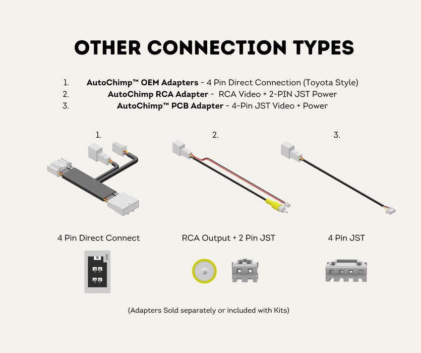 Other AutoChimp™ connection types — 4-pin direct OEM adapter, RCA output with 2-pin JST power, and 4-pin JST PCB adapter