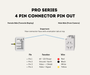 Pro Series 4-pin connector pin out — pin 1 red 6V–12V power, pin 2 black ground, pin 3 white video shield, pin 4 yellow video signal