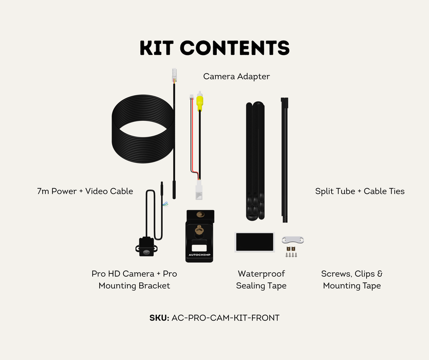 AutoChimp™ Pro HD Front Camera Kit | 6V–12V Universal RCA System | SKU: AC-PRO-CAM-KIT-FRONT | Kit Contents
