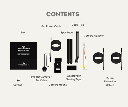 AutoChimp™ Pro HD Trailer Camera Kit | 16m Extension Cable + Hitch Break Point | AC-PRO-CAM-KIT-TRAILER | Contents