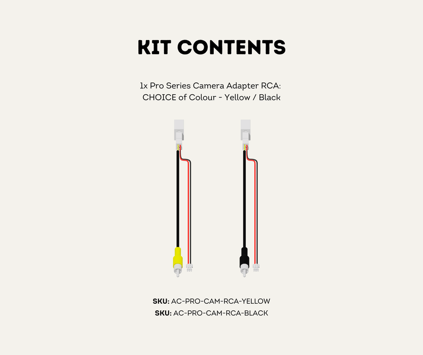 AutoChimp™ Pro HD Camera Adapter | 4-Pin to RCA Video + Power | SKU: AC-PRO-CAM-RCA-YELLOW / -BLACK | Kit Contents