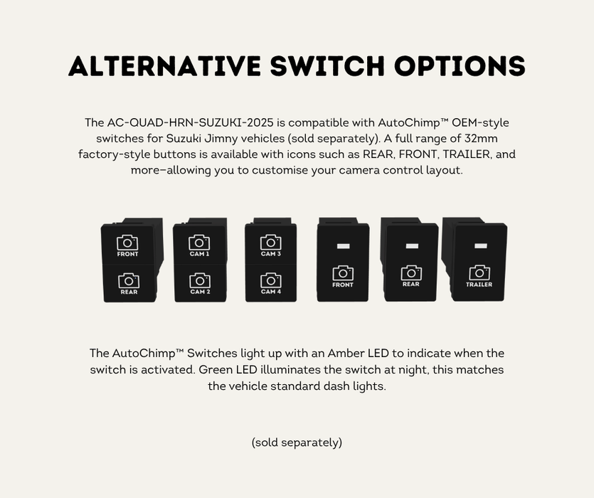 AutoChimp™ QuadCam Harness for Suzuki Jimny / Jimny XL (2025-Onwards) | Plug & Play | SKU: AC-QUAD-HRN-SUZUKI-2025 | Alternative Switch Options