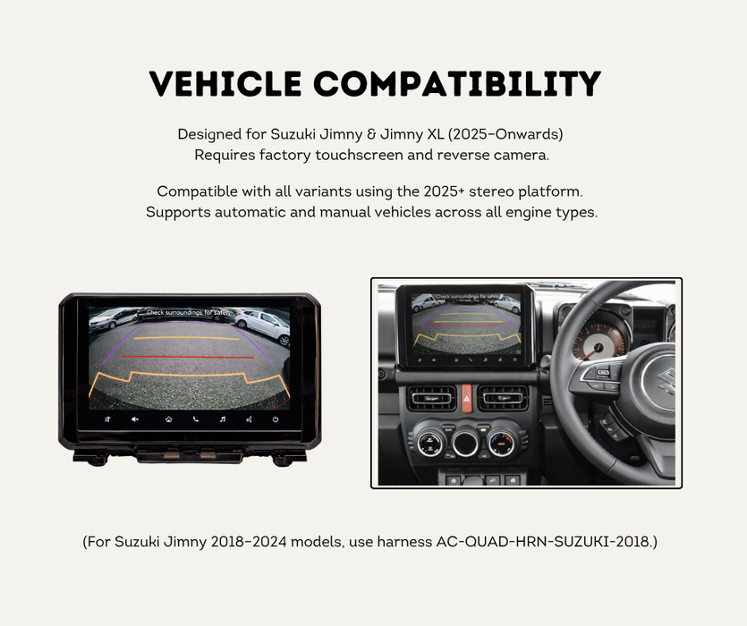 AutoChimp™ QuadCam Harness for Suzuki Jimny / Jimny XL (2025-Onwards) | Plug & Play | SKU: AC-QUAD-HRN-SUZUKI-2025 | Vehicle Compatibility