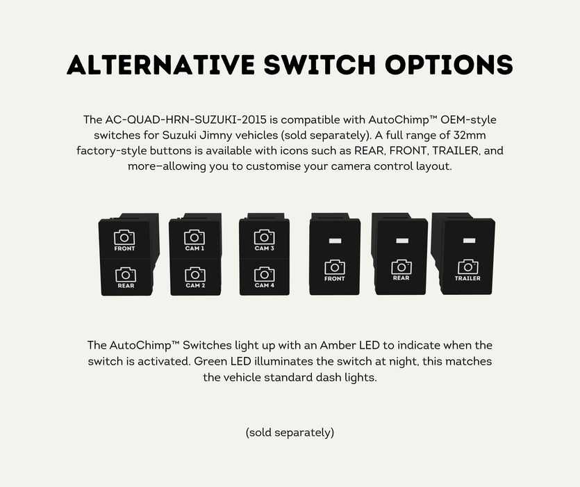 AutoChimp™ QuadCam Harness for Suzuki (2015–2024) | Plug & Play | SKU: AC-QUAD-HRN-SUZUKI-2015 | Alternative Switch Options