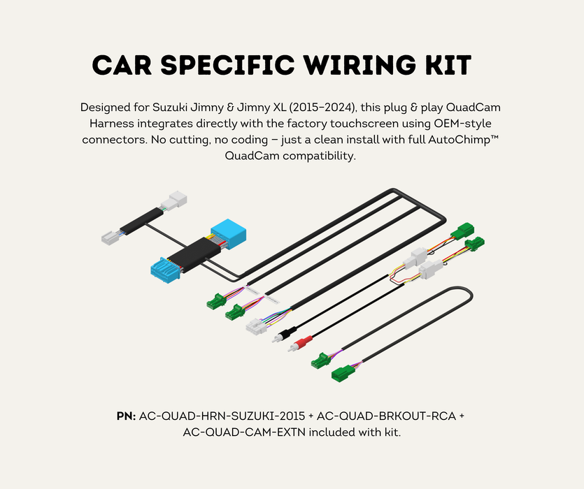 AutoChimp™ QuadCam Harness for Suzuki (2015–2024) | Plug & Play | SKU: AC-QUAD-HRN-SUZUKI-2015 | Car Specific Wiring Kit