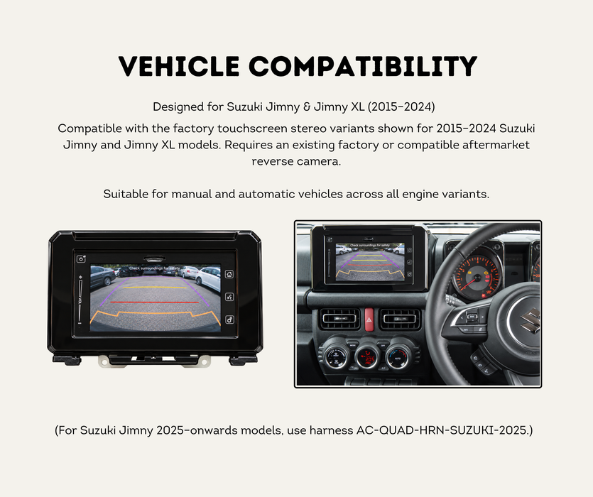 AutoChimp™ QuadCam Harness for Suzuki (2015–2024) | Plug & Play | SKU: AC-QUAD-HRN-SUZUKI-2015 | Vehicle Compatibility