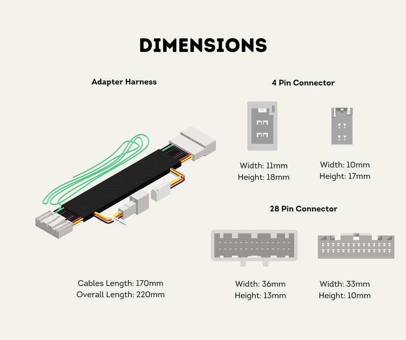 AutoChimp™ Reverse Camera Interface Harness for Toyota Hilux & 70 Series | 28-Pin Camera Integration & Reverse Trigger Signal Harness | SKU: AC-TOY-28PIN | Dimensions