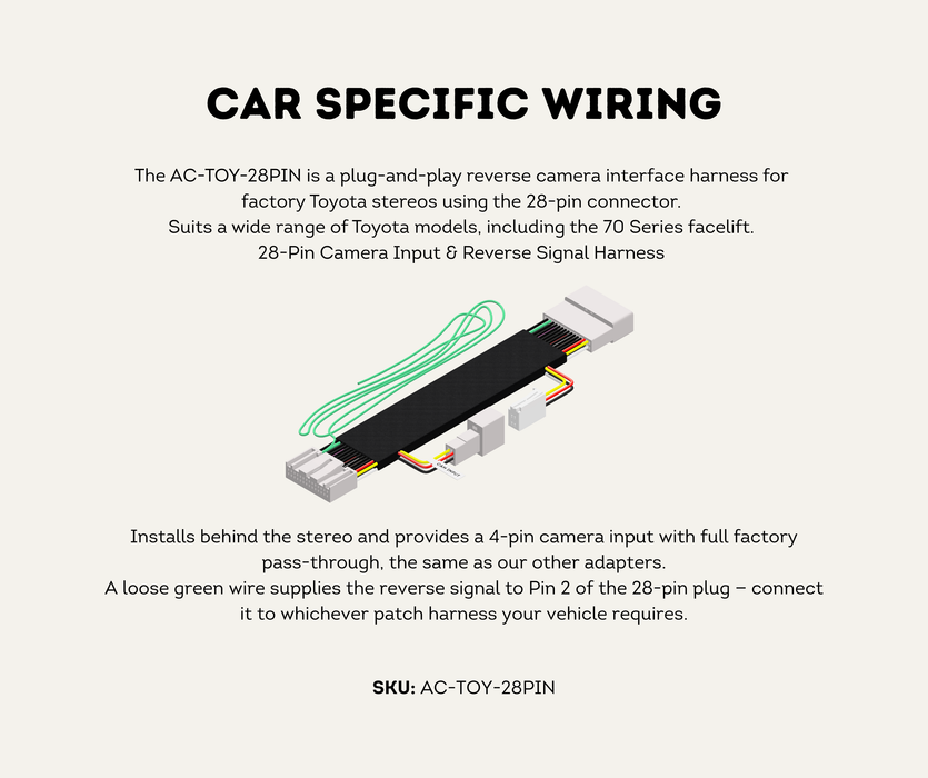 AutoChimp™ Reverse Camera Interface Harness for Toyota Hilux & 70 Series | 28-Pin Camera Integration & Reverse Trigger Signal Harness | SKU: AC-TOY-28PIN | Car Specific Wiring