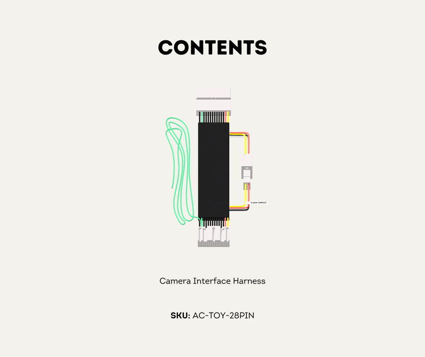 AutoChimp™ Reverse Camera Interface Harness for Toyota Hilux & 70 Series | 28-Pin Camera Integration & Reverse Trigger Signal Harness | SKU: AC-TOY-28PIN | Contents