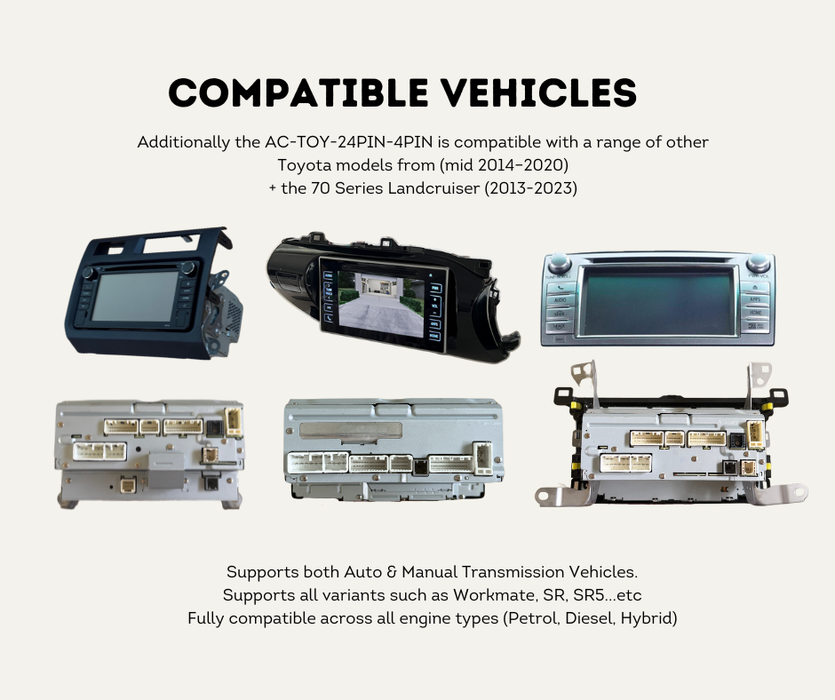 AutoChimp™ Reverse Camera Interface Harness for Toyota Hilux & Landcruiser 70 Series (2014–2023) | 24-Pin Camera Integration Harness | AC-TOY-24PIN-4PIN | Compatible Vehicles