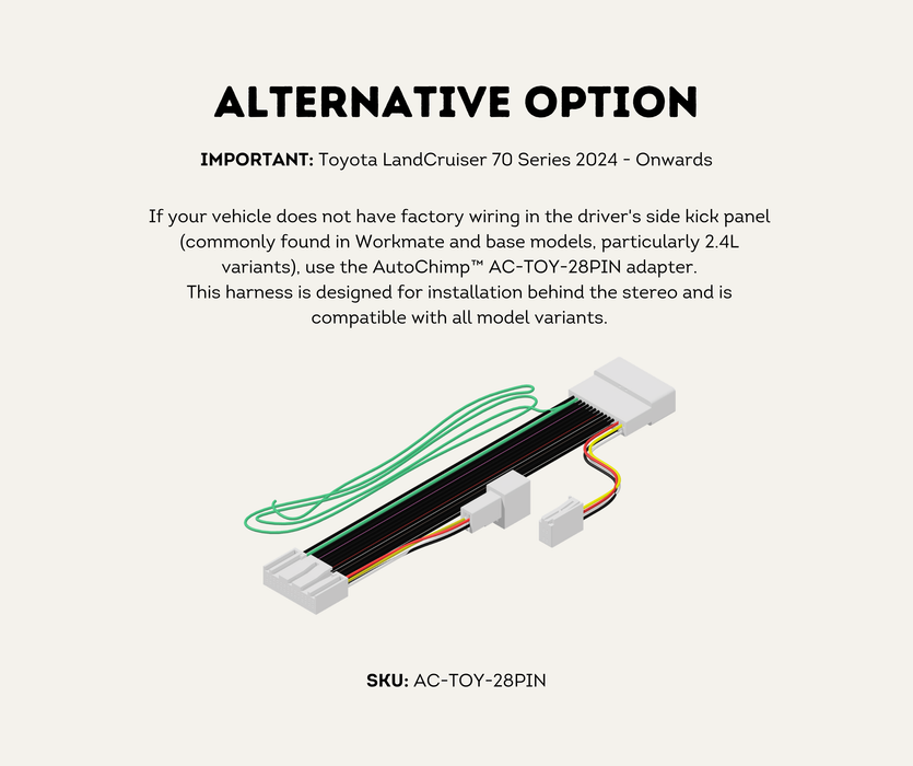 AutoChimp™ Reverse Camera Interface Harness for Toyota LandCruiser 70 Series (2024+ Facelift) | 12-Pin Full Pass-Through Camera Input Harness | SKU: AC-TOY-12PIN | Alternative Option