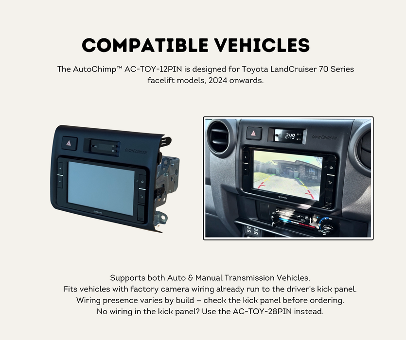 AutoChimp™ Reverse Camera Interface Harness for Toyota LandCruiser 70 Series (2024+ Facelift) | 12-Pin Full Pass-Through Camera Input Harness | SKU: AC-TOY-12PIN | Compatible Vehicles