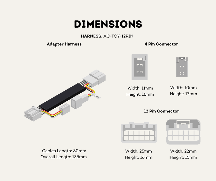 AutoChimp™ Reverse Camera Interface Harness for Toyota LandCruiser 70 Series (2024+ Facelift) | 12-Pin Full Pass-Through Camera Input Harness | SKU: AC-TOY-12PIN | Dimensions