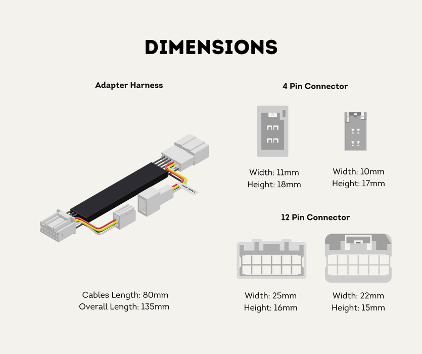 AutoChimp™ Reverse Camera Interface Harness for Toyota LandCruiser 70 Series (2024+ Facelift) | 12-Pin Full Pass-Through Camera Input Harness | SKU: AC-TOY-12PIN | Dimensions
