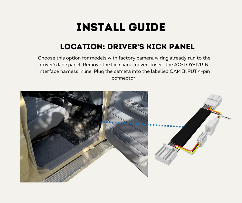 AutoChimp™ Reverse Camera Interface Harness for Toyota LandCruiser 70 Series (2024+ Facelift) | 12-Pin Full Pass-Through Camera Input Harness | SKU: AC-TOY-12PIN | Install Guide