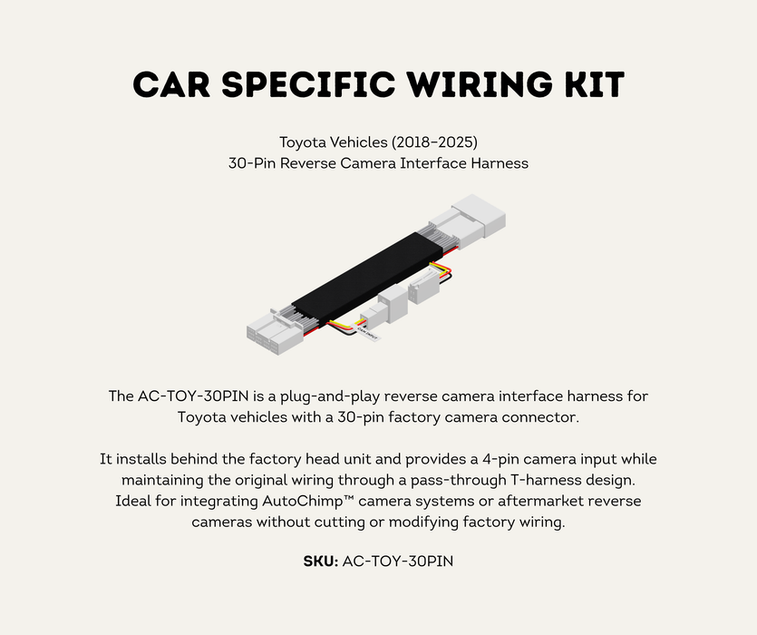 AutoChimp™ Reverse Camera Interface Harness for Toyota (2018–2025) | Hilux, LandCruiser, Prado & More | 30-Pin Full Pass-Through Camera Input Harness | SKU: AC-TOY-30PIN | Car Specific Wiring Kit