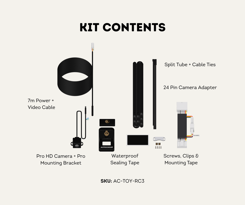AutoChimp™ Reverse Camera Kit for Toyota Hilux N70 (2014–2015) | Plug & Play | SKU: AC-TOY-RC3 | Kit Contents