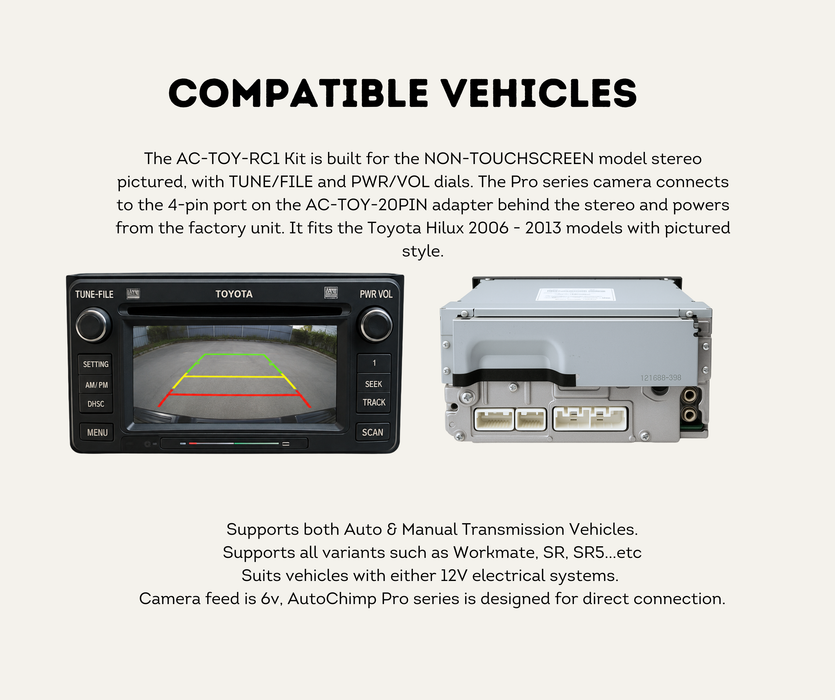 AutoChimp™ Reverse Camera Kit for Toyota Hilux (2006–2013) | for Non-Touchscreen Stereo Models | SKU: AC-TOY-RC1 | Compatible Vehicles