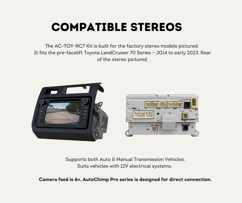 AutoChimp™ Reverse Camera Kit for Toyota LandCruiser 70 Series (2014–2023) | SKU: AC-TOY-RC7 | Compatible Stereos