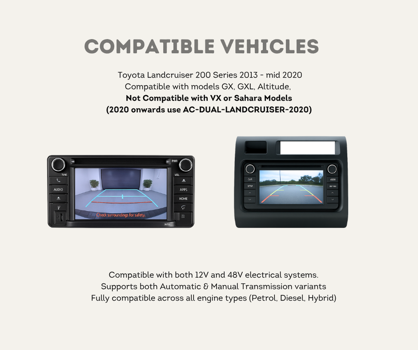 AutoChimp™ Reverse Camera Kit for Toyota LandCruiser GX (2014–2020) | Plug & Play to Factory Stereo | SKU: AC-TOY-RC10 | Compatible Vehicles