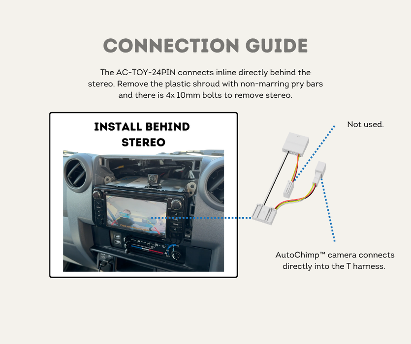AutoChimp™ Reverse Camera Kit for Toyota LandCruiser GX (2014–2020) | Plug & Play to Factory Stereo | SKU: AC-TOY-RC10 | Connection Guide