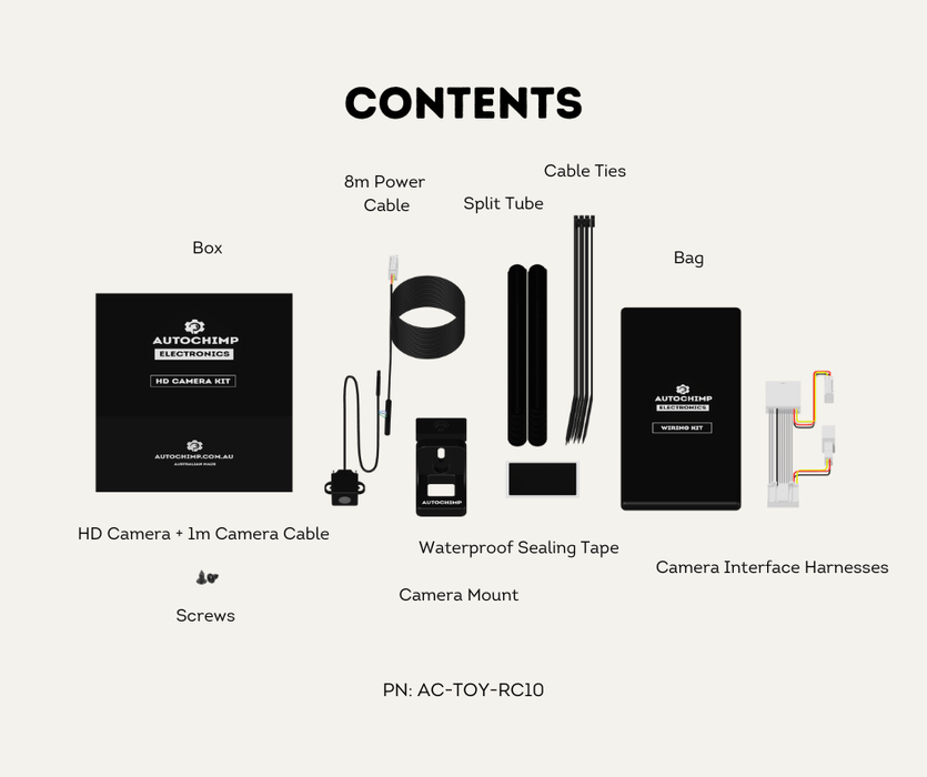 AutoChimp™ Reverse Camera Kit for Toyota LandCruiser GX (2014–2020) | Plug & Play to Factory Stereo | SKU: AC-TOY-RC10 | Contents Main