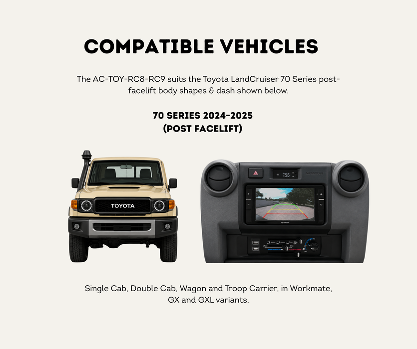 AutoChimp™ Reverse Camera Kit for Toyota Landcruiser 70 Series (2024-2026) | SKU: AC-TOY-RC8-RC9 | Compatible Vehicles