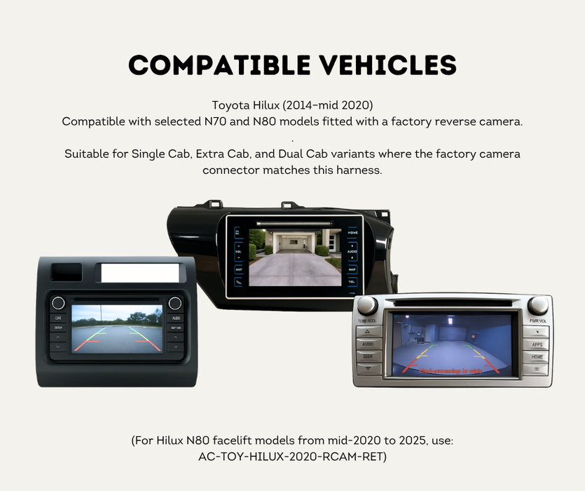 AutoChimp™ Reverse Camera Retention Kit for Toyota Hilux 2014–2020 | OEM Camera to RCA Adapter for Aftermarket Head Units | SKU: AC-TOY-HILUX-2014-RCAM-RET | Compatible Vehicles