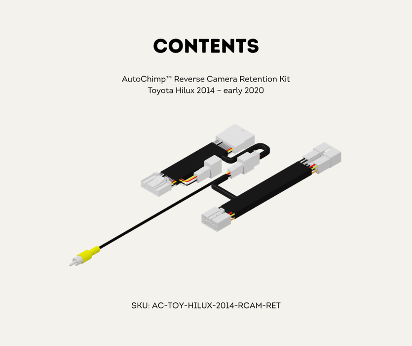 AutoChimp™ Reverse Camera Retention Kit for Toyota Hilux 2014–2020 | OEM Camera to RCA Adapter for Aftermarket Head Units | SKU: AC-TOY-HILUX-2014-RCAM-RET | Contents