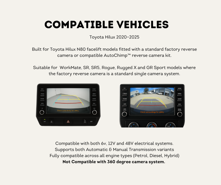 AutoChimp™ Reverse Camera Retention Kit for Toyota Hilux 2020–2025 | OEM Camera to RCA Adapter for Aftermarket Head Units | AC-TOY-HILUX-2020-RCAM-RET | Compatible Vehicles