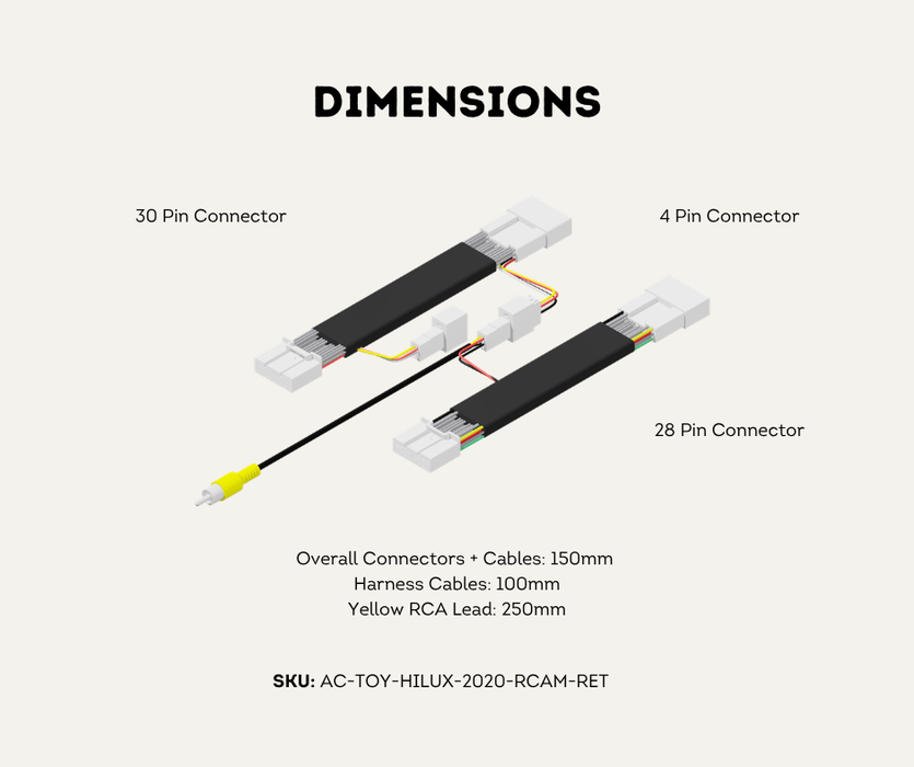 AutoChimp™ Reverse Camera Retention Kit for Toyota Hilux 2020–2025 | OEM Camera to RCA Adapter for Aftermarket Head Units | AC-TOY-HILUX-2020-RCAM-RET | Dimensions