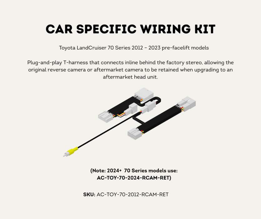 AutoChimp™ Reverse Camera Retention Kit for Toyota LandCruiser 70 Series 2012–2023 | OEM Camera to RCA Adapter for Aftermarket Head Units | SKU: AC-TOY-70-2012-RCAM-RET | Car Specific Wiring Kit