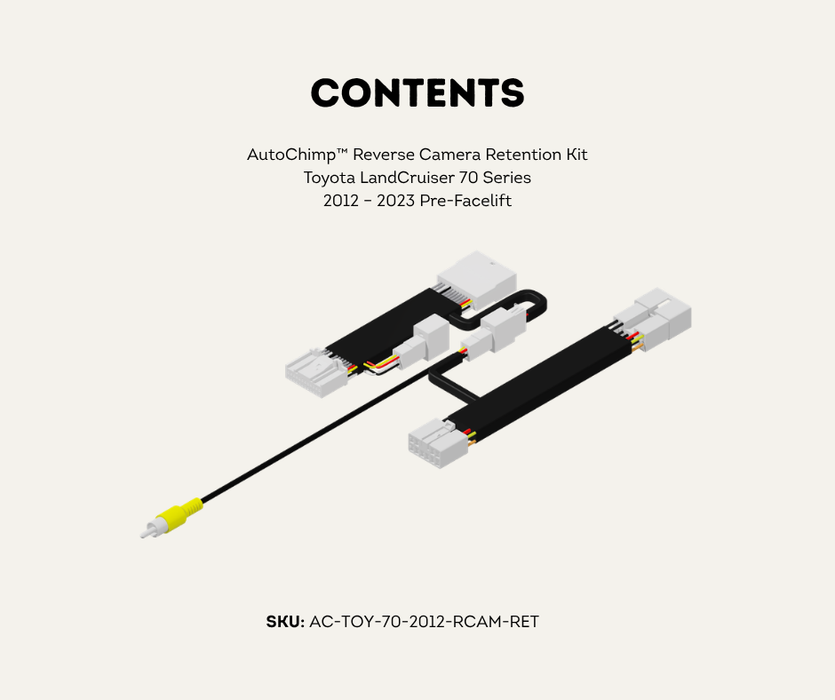 AutoChimp™ Reverse Camera Retention Kit for Toyota LandCruiser 70 Series 2012–2023 | OEM Camera to RCA Adapter for Aftermarket Head Units | SKU: AC-TOY-70-2012-RCAM-RET | Contents 2