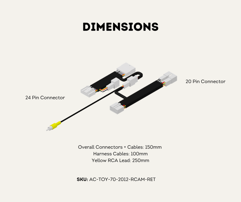 AutoChimp™ Reverse Camera Retention Kit for Toyota LandCruiser 70 Series 2012–2023 | OEM Camera to RCA Adapter for Aftermarket Head Units | SKU: AC-TOY-70-2012-RCAM-RET | Dimensions