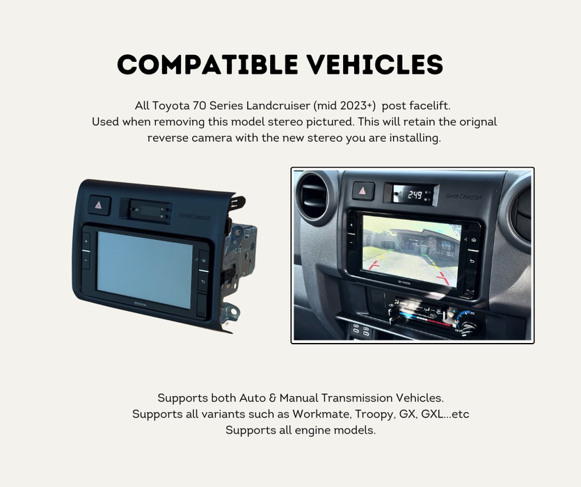 AutoChimp™ Reverse Camera Retention Kit for Toyota LandCruiser 70 Series (2024–2026) | OEM Camera to RCA for Aftermarket Head Units | SKU: AC-TOY-70-RCAM-RET | Compatible Vehicles