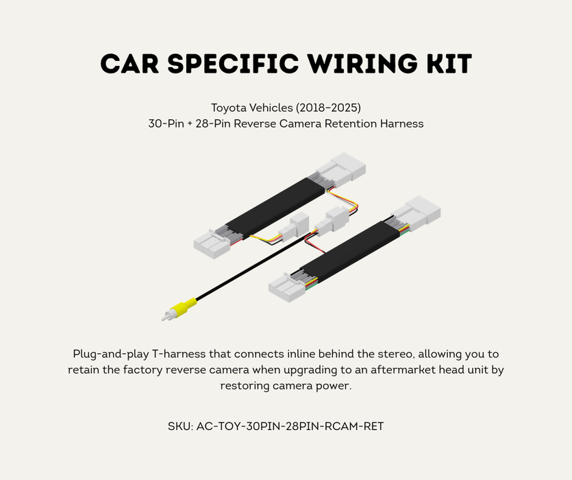 AutoChimp™ Reverse Camera Retention Kit for Toyota (2018–2025) | 30-Pin + 28-Pin OEM Camera to RCA for Aftermarket Head Units | SKU: AC-TOY-30PIN-28PIN-RCAM-RET | Car Specific Wiring Kit