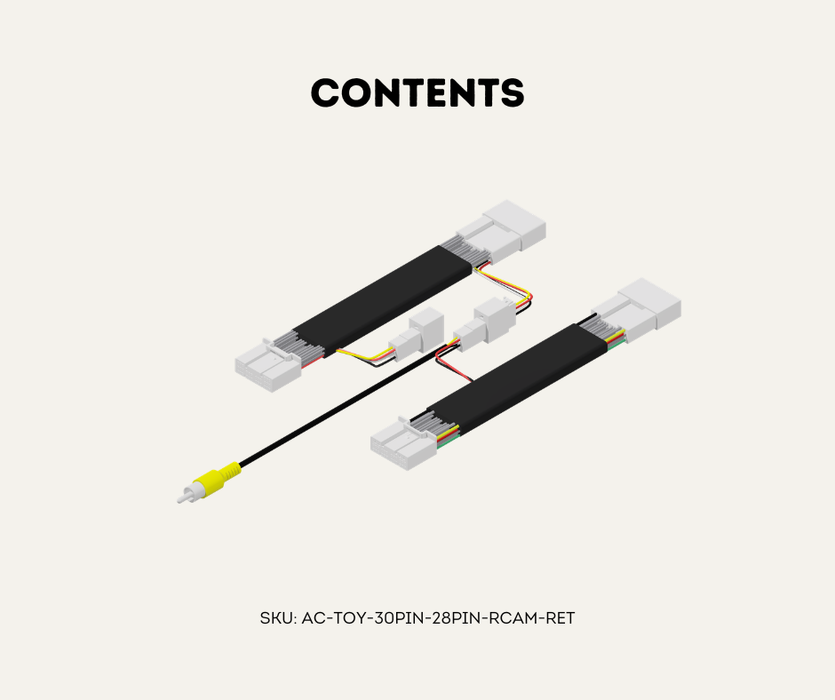 AutoChimp™ Reverse Camera Retention Kit for Toyota (2018–2025) | 30-Pin + 28-Pin OEM Camera to RCA for Aftermarket Head Units | SKU: AC-TOY-30PIN-28PIN-RCAM-RET | Contents 2