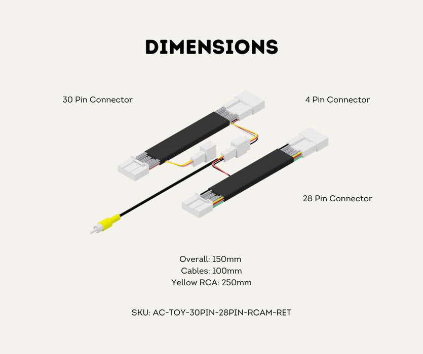AutoChimp™ Reverse Camera Retention Kit for Toyota (2018–2025) | 30-Pin + 28-Pin OEM Camera to RCA for Aftermarket Head Units | SKU: AC-TOY-30PIN-28PIN-RCAM-RET | Dimensions