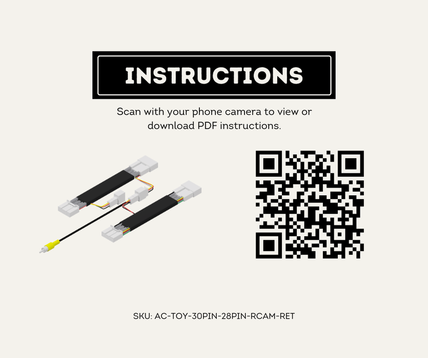 AutoChimp™ Reverse Camera Retention Kit for Toyota (2018–2025) | 30-Pin + 28-Pin OEM Camera to RCA for Aftermarket Head Units | SKU: AC-TOY-30PIN-28PIN-RCAM-RET | Instructions