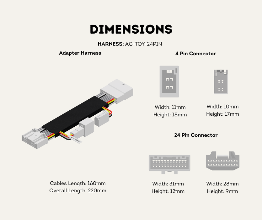 AutoChimp™ Reverse Camera Interface Harness for Toyota (2014–2023) | Hilux, 70 Series, Prado, Fortuner & HiAce | 24-Pin Full Pass-Through Camera Input Harness | SKU: AC-TOY-24PIN | Dimensions