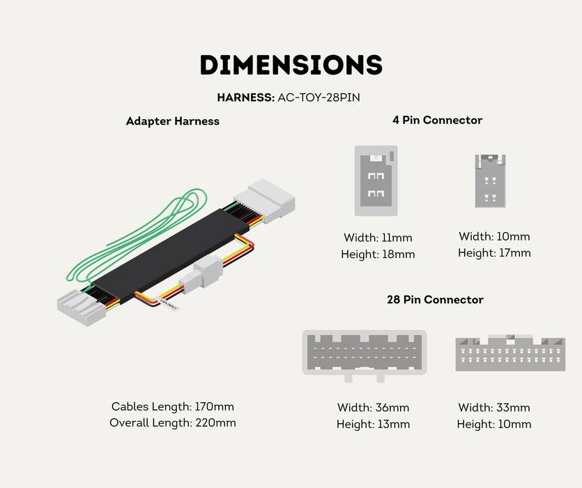 AutoChimp™ Reverse Camera Interface Harness for Toyota Hilux & 70 Series | 28-Pin Camera Integration & Reverse Trigger Signal Harness | SKU: AC-TOY-28PIN | Dimensions