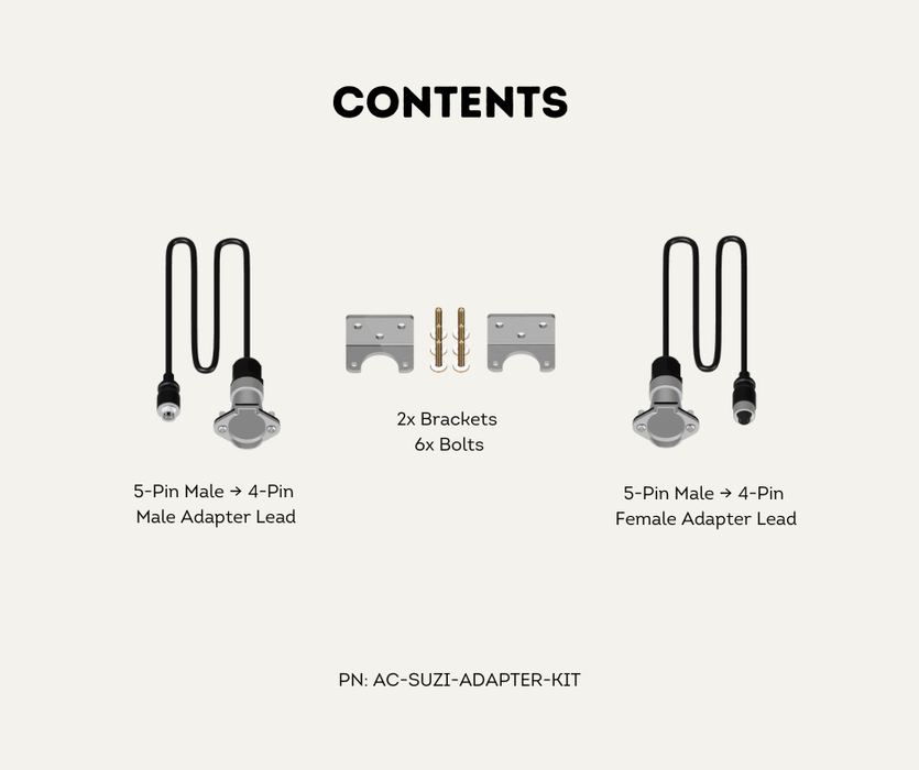 AutoChimp™ Suzi Coil Camera Adapters & Mounting Kit | 5-Pin to 4-Pin Heavy Duty Connectors | AC-SUZI-ADAPTER-KIT | Contents