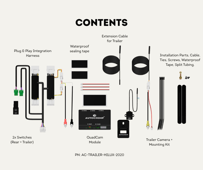 AutoChimp™ Trailer Camera Kit for Toyota Hilux (2020 - 2025) | Plug & Play System | SKU: AC-TRAILER-HILUX-2020 | Contents