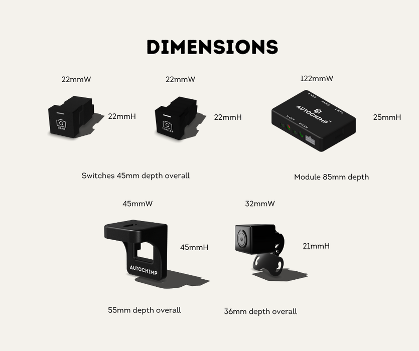AutoChimp™ Trailer Camera Kit for Toyota Hilux (2020 - 2025) | Plug & Play System | SKU: AC-TRAILER-HILUX-2020 | Dimensions