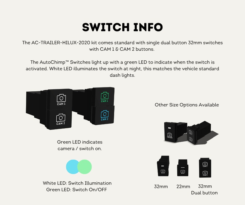 AutoChimp™ Trailer Camera Kit for Toyota Hilux (2020 - 2025) | Plug & Play System | SKU: AC-TRAILER-HILUX-2020 | Switch Info