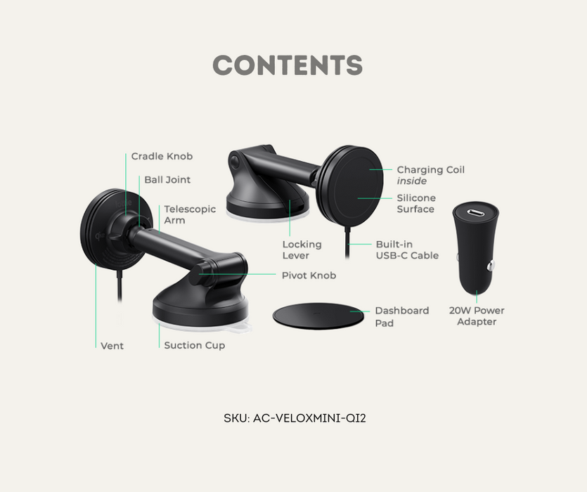AutoChimp™ Velox Mini Qi2 Dash & Windshield Mount (Black) | iOttie Qi2 Wireless Charging | 15W MagSafe-Compatible Holder | Contents